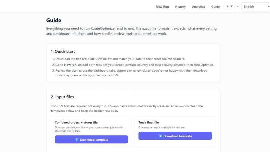 Screenshot of the Route Optimization AI usage documentation