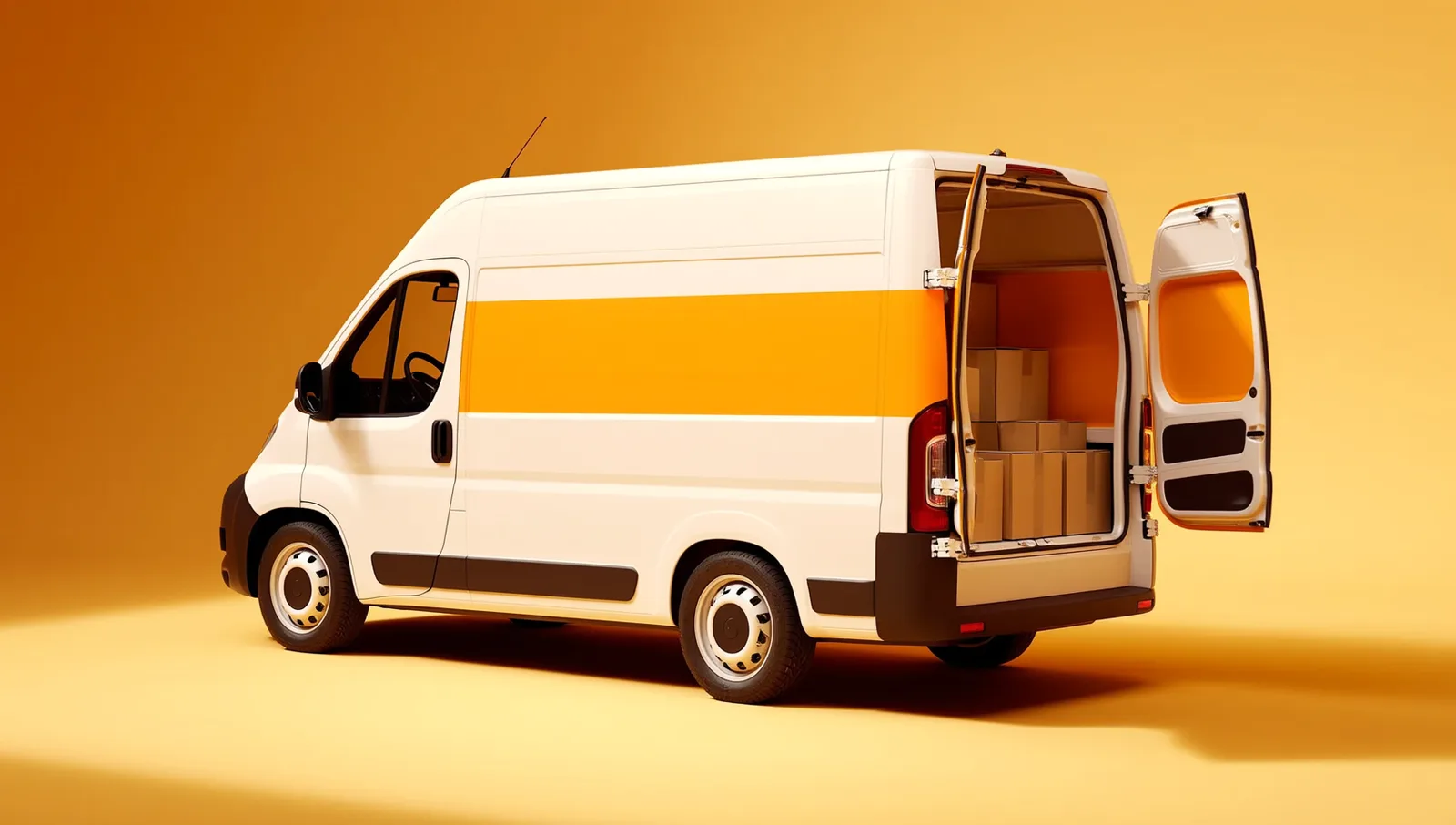 3D render of an Route Optimization AI delivery van with its doors open, loaded with packages