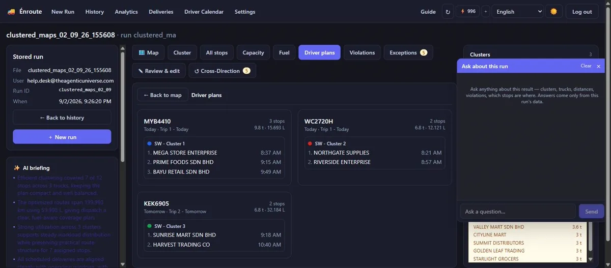 Screenshot of Route Optimization AI's generated driver day-plans, one card per truck