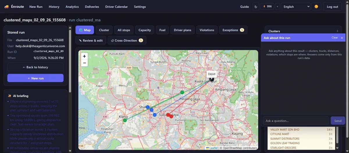 Screenshot of an Route Optimization AI optimized route plan on the live map, with color-coded truck clusters